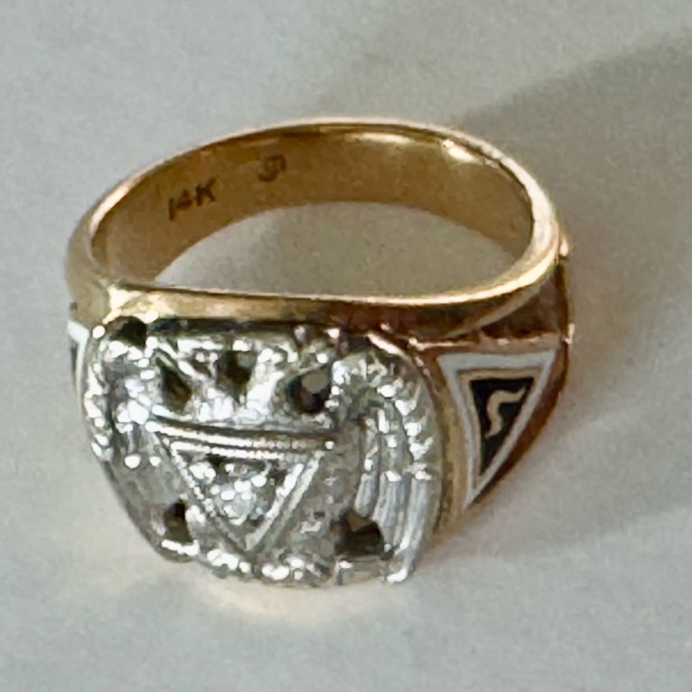 14K Gold Center Diamond Masonic 32 Degree Double Eagle Men’s Ring